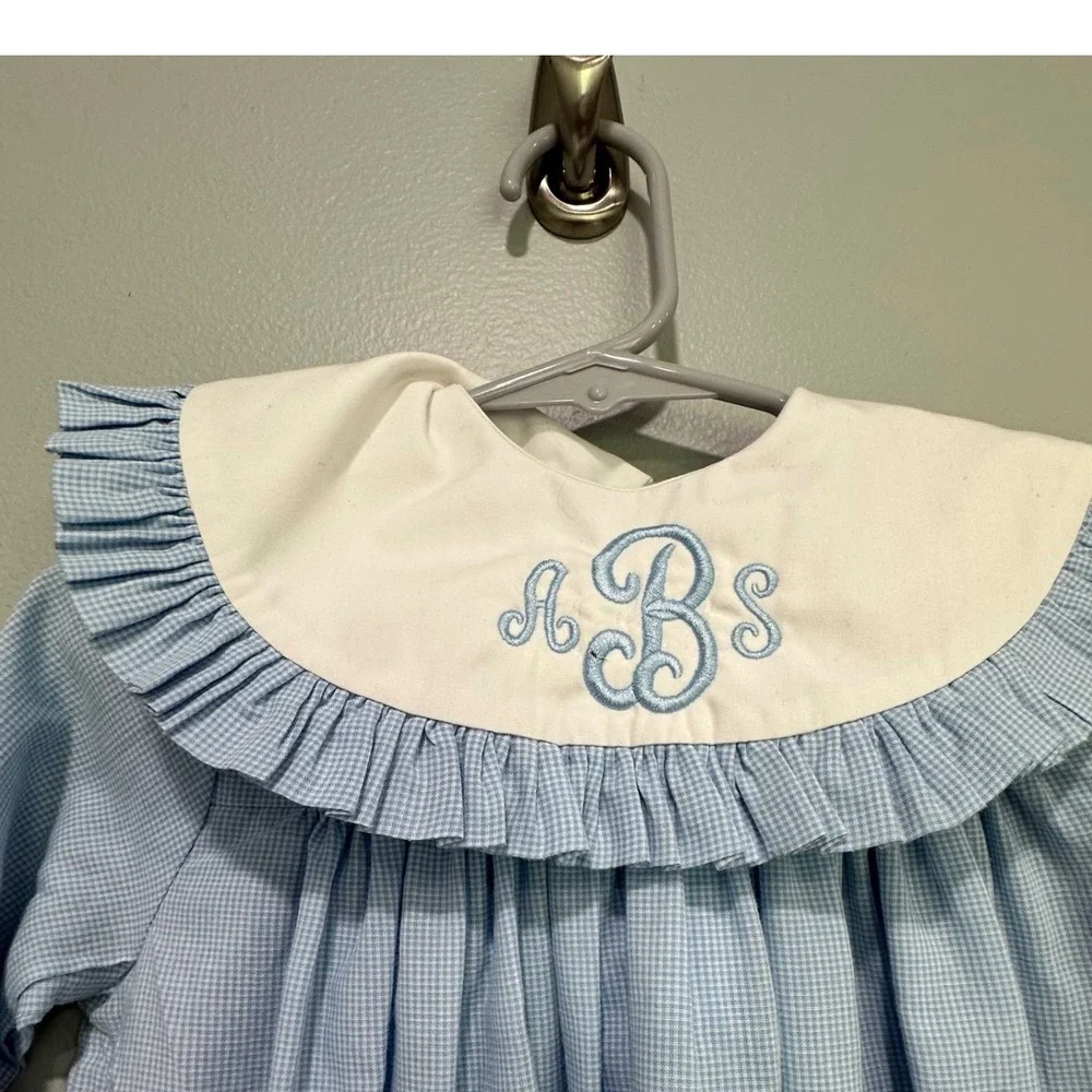 Daisies Doodlebugs Baby Blue Gingham‎ Dress Ruffle Collar Monogrammed 24 Month